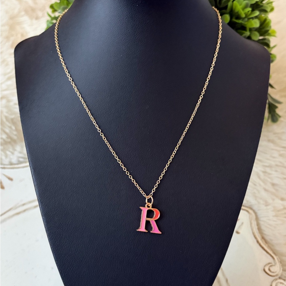 Fashion Gold Tone Necklace with Pink ombré Initial R Pendant
